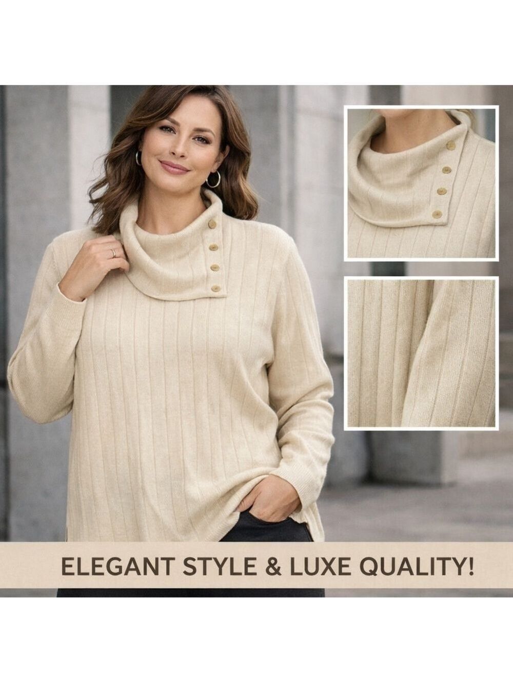 Womens Plus| Rafaella Cream Cowl Neck Sweater with Button Accents| BB-Dsst0128